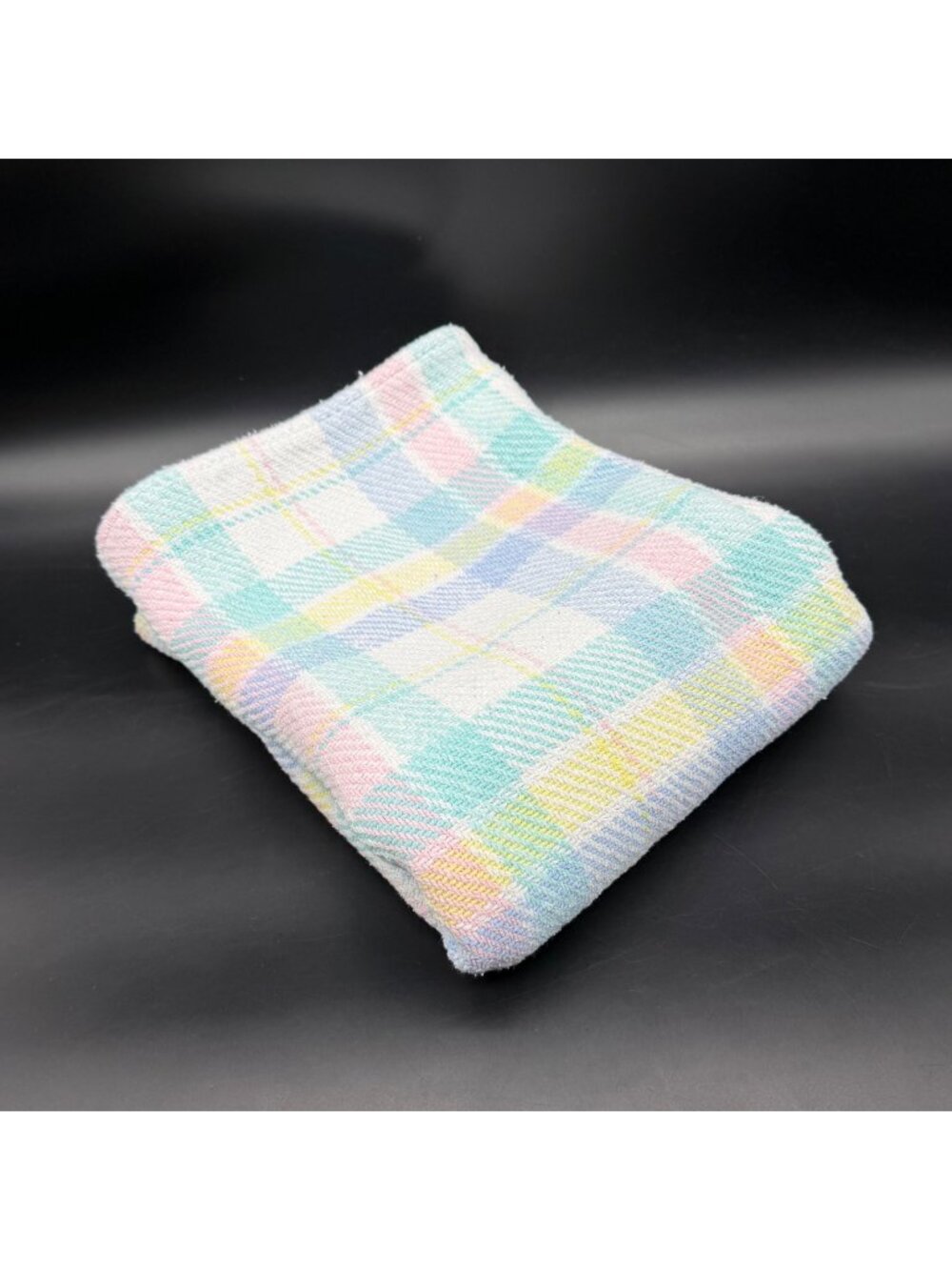Vintage Baby Blanket Woven Knit Pastel Plaid Stripes Cotton USA 1990s Retro